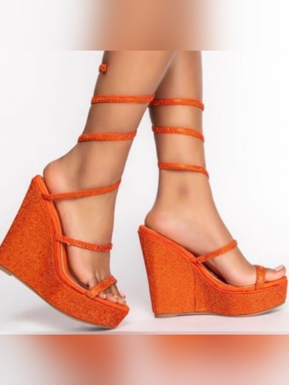 Azalea Wang Cosmo platform wedge sandals in orange.